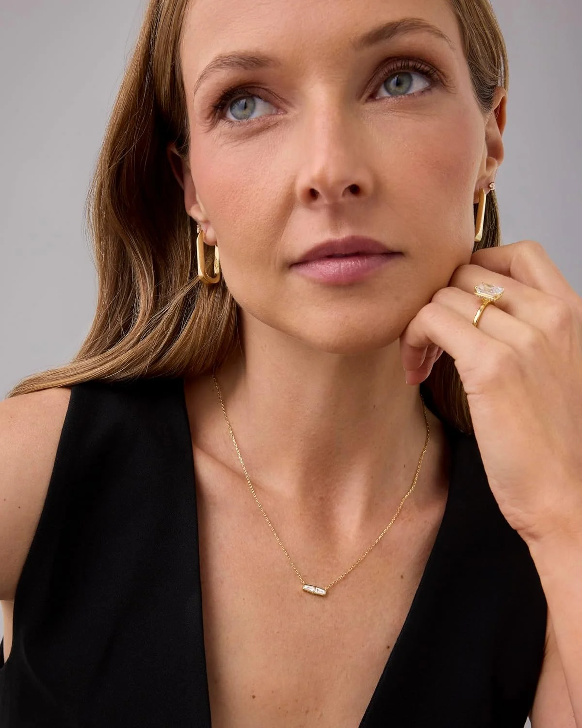 گردنبند آویز دو باگت باریک با روکش طلای 14 عیار پاوی با زیرکونیا مکعبی | گردنبند زنجیری رولو