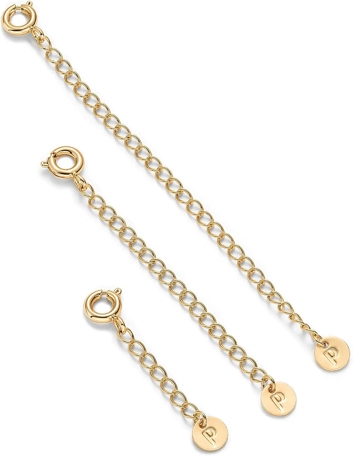 پک زنجیر افزایش طول گردنبند با روکش طلای 14 عیار پاویو برای زنان - مجموعه سه تایی افزایش دهنده طول گردنبند و دستبند طلایی با قفل حلقه فنری - 1، 2، 3 اینچ