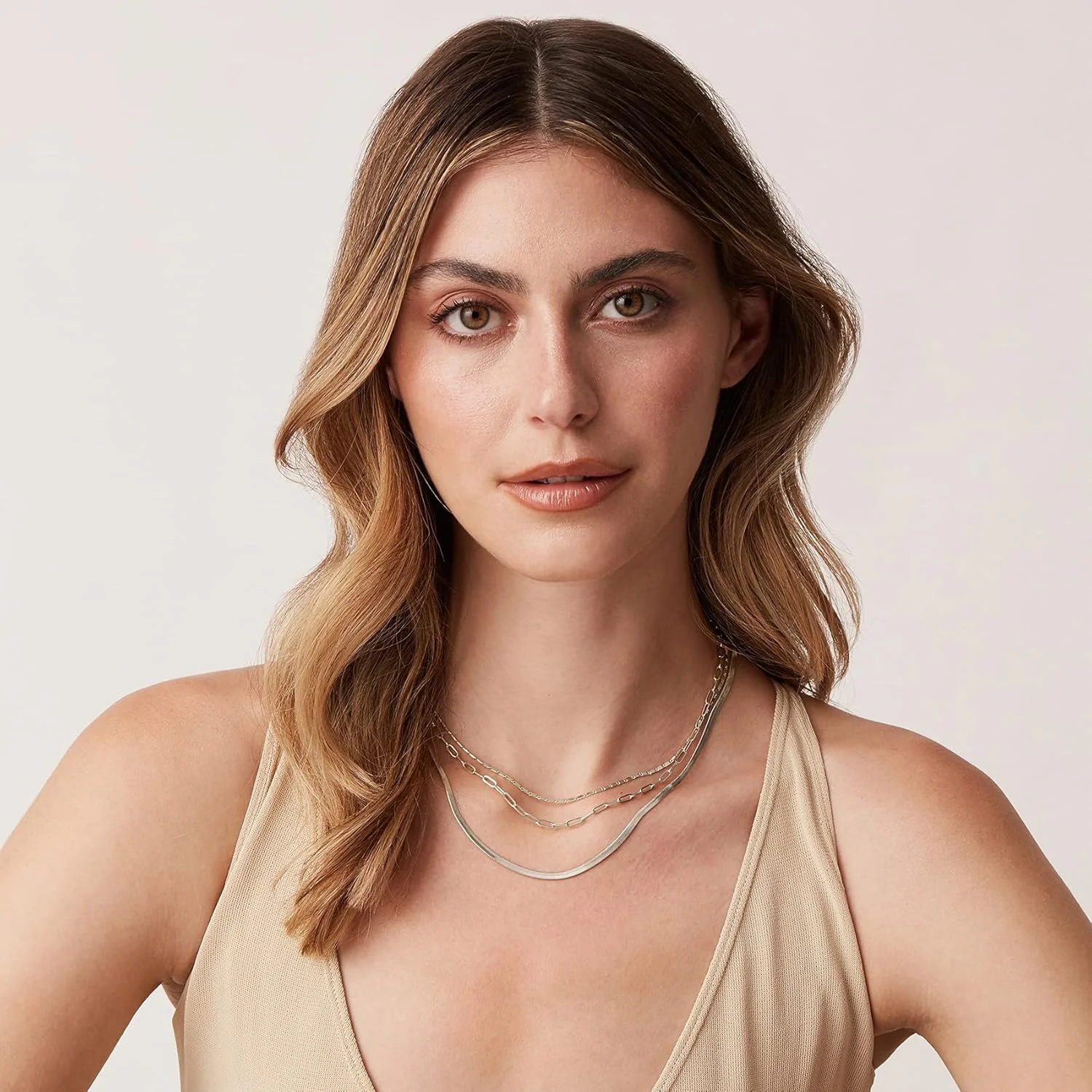 گردنبندهای ظریف لایه ای زنانه با روکش طلای 14 عیار | زنجیر ماری، زنجیر کارب، زنجیرهای لایه ای گیره کاغذی | گردنبند لایه ای مد روز