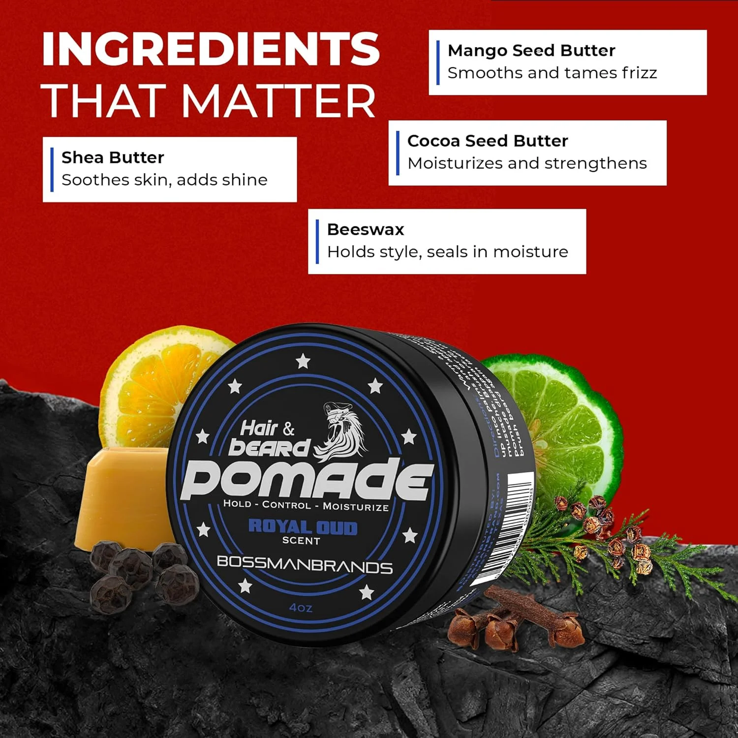 پماد حالت دهنده مو و ریش مردانه باسمن (رایحه عود سلطنتی) – نگهدارنده متوسط و مرطوب کننده برای حالت دادن به مو، ریش و سبیل – ساخت آمریکا