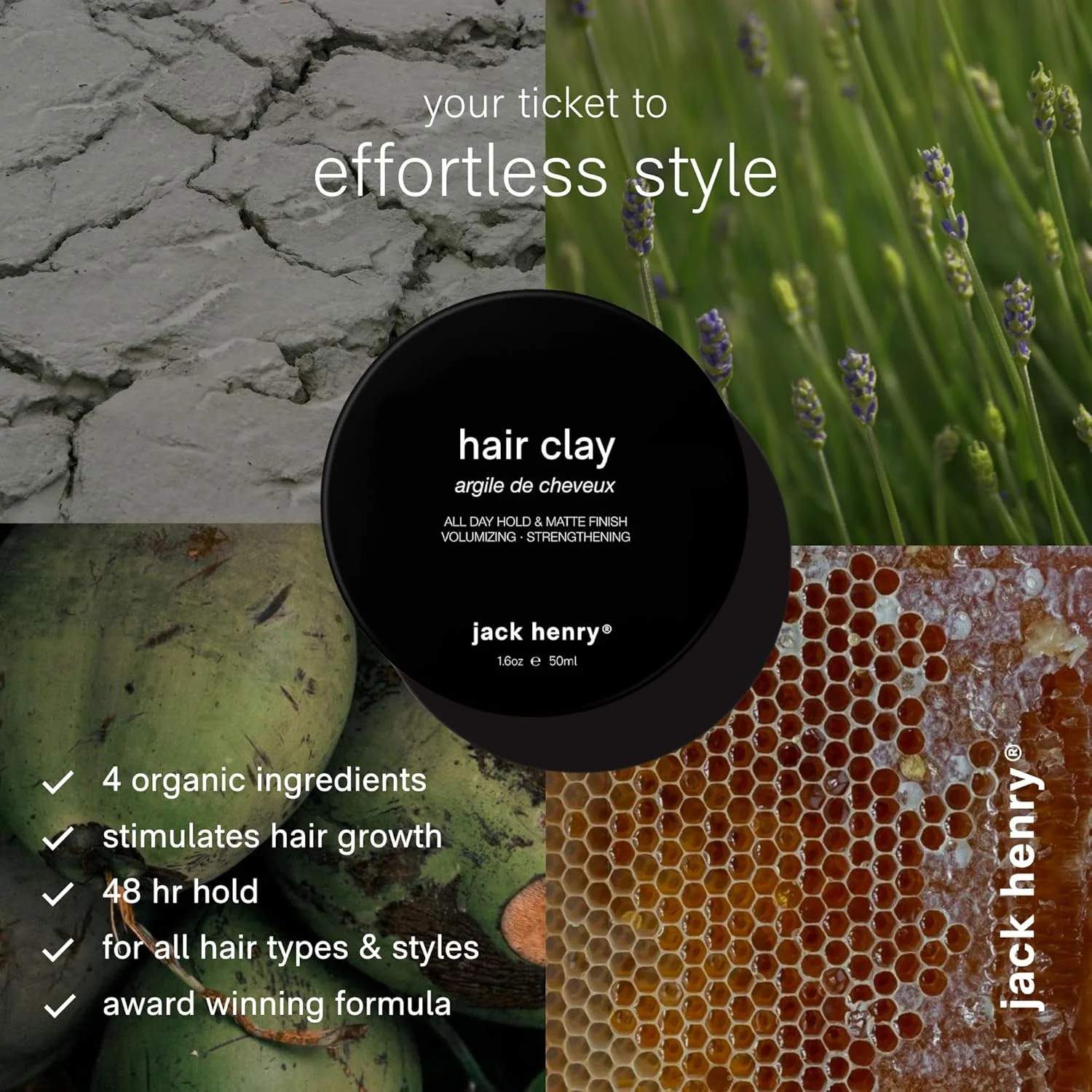 پماد حالت دهنده مو Jack Henry Clay - پماد آبرسان ممتاز آمریکایی برای انواع مو - حالت دهی طبیعی در تمام طول روز با پوشش مات - محصول حالت دهنده فقط با 4 ماده ارگانیک (45 گرم)