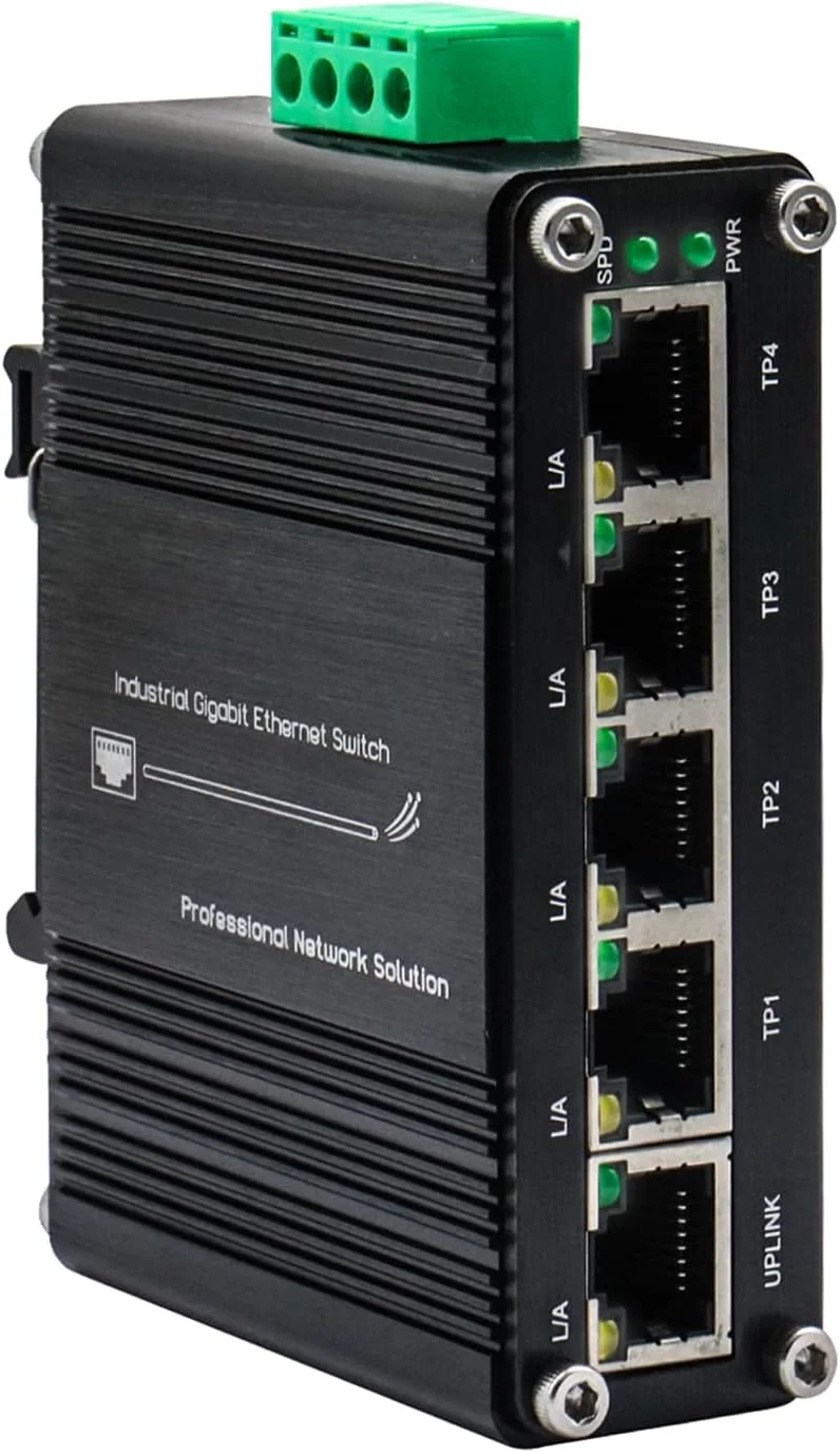سوئیچ اترنت گیگابیتی صنعتی غیر مدیریتی 5 پورت مینی - 10/100/1000 مگابیت بر ثانیه، ورودی برق 12-48 ولت DC، نصب روی ریل DIN و دیوار، Plug & Play، بدنه فلزی مقاوم IP40 (غیر PoE)