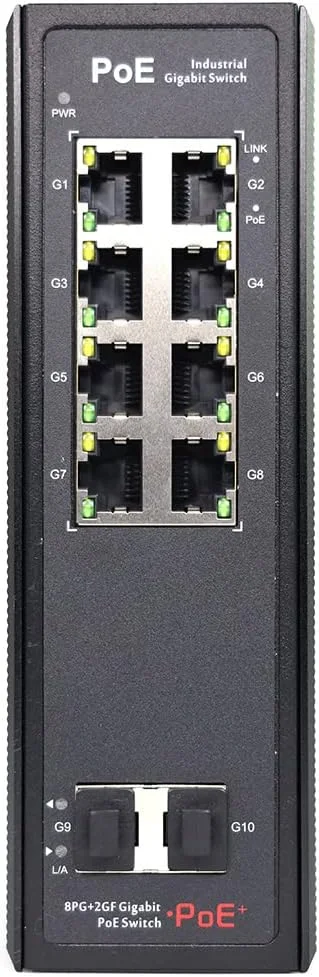 سوئیچ فیبر صنعتی PoE ریلی DIN غیر مدیریتی 10 پورت، 8 پورت PoE با سرعت 10/100/1000M و 2 پورت SFP با سرعت 1000M. پورت 1-8 از استاندارد IEEE802.3af/at PoE پشتیبانی می کنند، IP40، DC48-57V (ماژول های نوری شامل نمی شود)