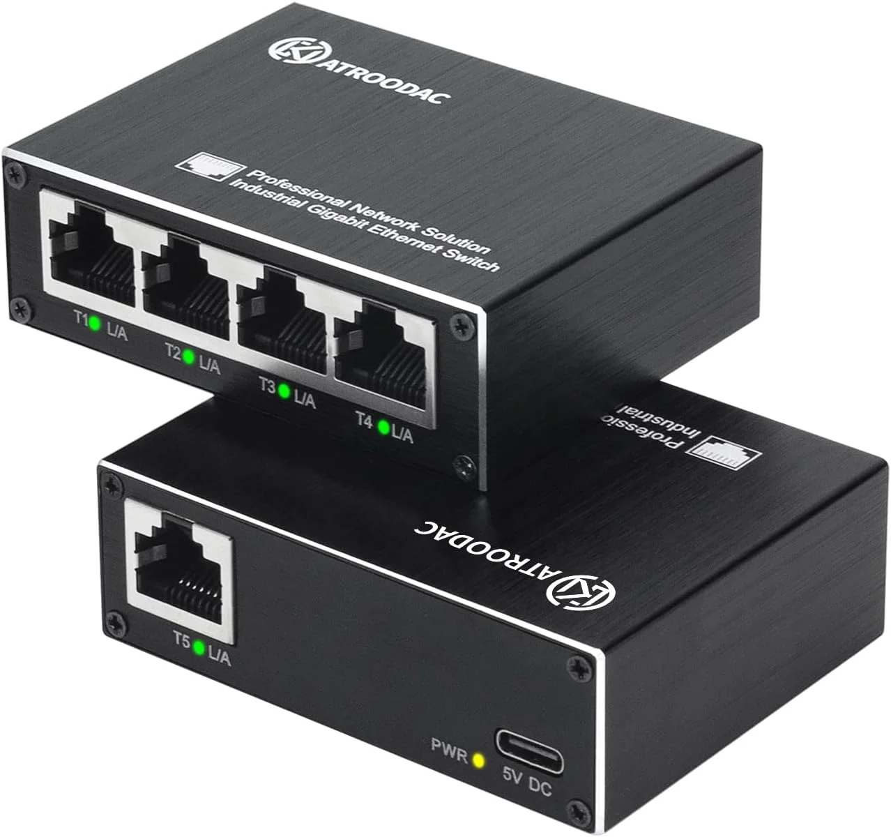 سوئیچ صنعتی کوچک آتروداک، سوئیچ اترنت گیگابیتی 5 پورت 10/100/1000 مگابیت بر ثانیه، هاب شبکه غیر مدیریتی، اتصال و پخش، اسپلیتر اترنت اداری، طراحی فلزی بدون فن، عملکرد بی صدا، سوئیچ رومیزی