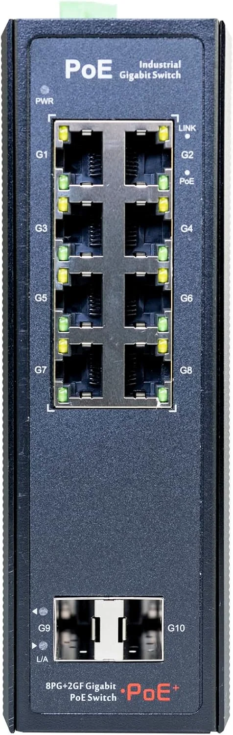 سوئیچ فیبر صنعتی PoE ریلی DIN غیر مدیریتی 10 پورت، 8 پورت PoE با سرعت 10/100/1000M و 2 پورت SFP با سرعت 1000M. پورت 1-8 از استاندارد IEEE802.3af/at PoE پشتیبانی می کنند، IP40، DC48-57V (ماژول های نوری شامل نمی شود)