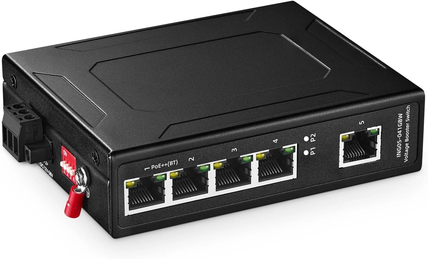 سوئیچ صنعتی 5 پورت گیگابیتی PoE خورشیدی Binardat، ورودی DC 9V-57V به تقویت کننده ولتاژ DC 48V، IEEE802.3af/at/BT PoE، سوئیچ غیر مدیریتی فنلس IP40 قابل نصب روی ریل DIN