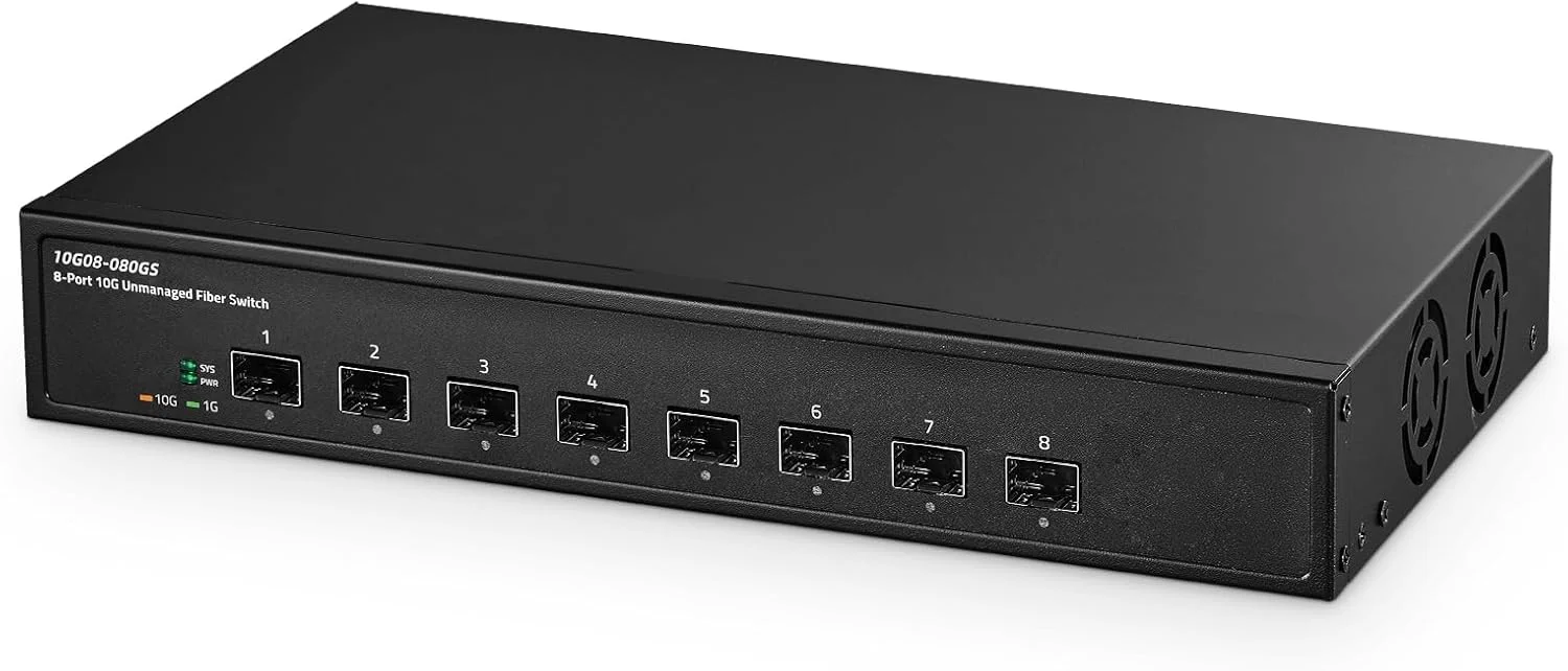 سوئیچ فیبر نوری 8 پورت 10 گیگابیتی Binardat، دارای 8 اسلات SFP+ 10G، پشتیبانی از 1G/10G، پهنای باند 160 گیگابیت بر ثانیه، سوئیچ شبکه فلزی غیر مدیریتی رومیزی/قابل نصب در رک