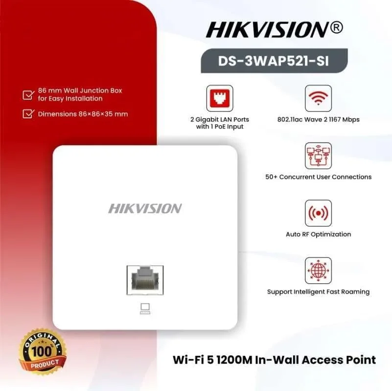 اکسس پوینت دیواری دو بانده هایک ویژن DS-3WAP521-SI Wi-Fi 5 1200 Mbps – دارای 2 پورت گیگابیتی LAN (1 ورودی PoE)، 802.11ac Wave 2، پشتیبانی از 50+ کاربر همزمان، بهینه سازی خودکار RF، نصب در جعبه اتصال دیواری اکسس پوینت دیواری دو بانده هایک ویژن DS-3WAP521-SI Wi-Fi 5 1200 Mbps – دارای 2 پورت گیگابیتی LAN (1 ورودی PoE)، 802.11ac Wave 2، پشتیبانی از 50+ کاربر همزمان، بهینه سازی خودکار RF، نصب در جعبه اتصال دیواری