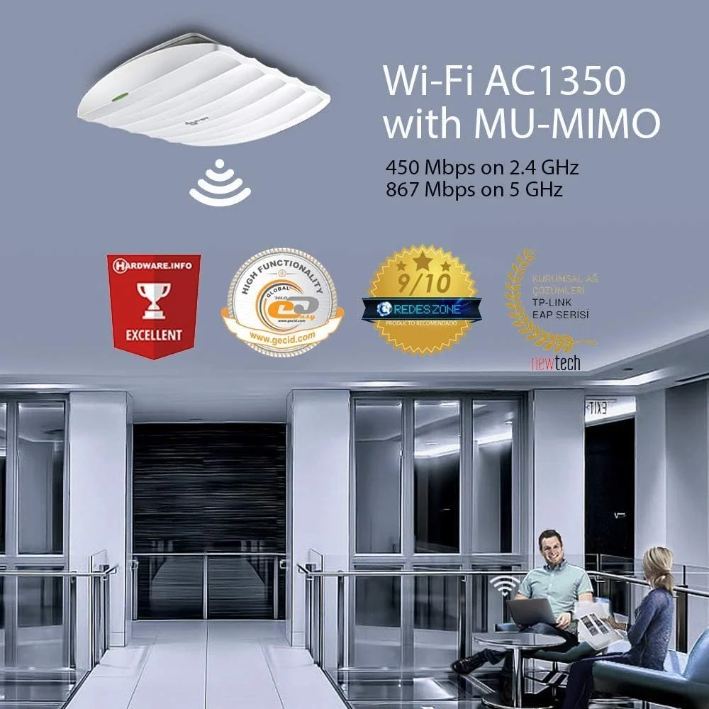 اکسس پوینت بی‌سیم TP-Link AC1350، وای‌فای دو بانده با MU-MIMO، دارای 1 پورت گیگابیتی اترنت، پشتیبانی از 802.3af/at/24V Passive PoE، پشتیبانی از چندین SSID، نصب آسان روی دیوار یا سقف (EAP225)