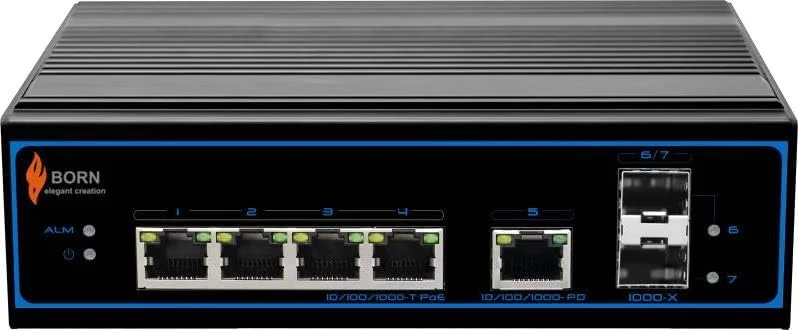 سوئیچ صنعتی 4 پورت PoE+ گیگابیتی BI804PG1D2F + 1 توسعه دهنده PD + 2*1G SFP آپلینک 100M بدون منبع تغذیه