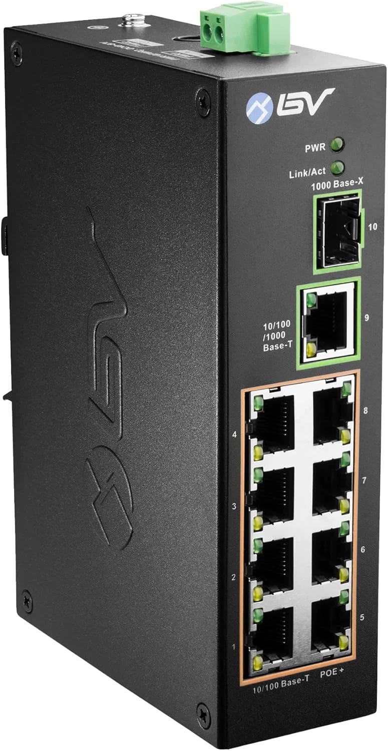 سوئیچ صنعتی 10 پورت PoE+ BV-Tech با قابلیت نصب روی ریل DIN (8 پورت PoE+ | گیگابیت اترنت و آپلینک SFP) ? 96W ? 802.3at