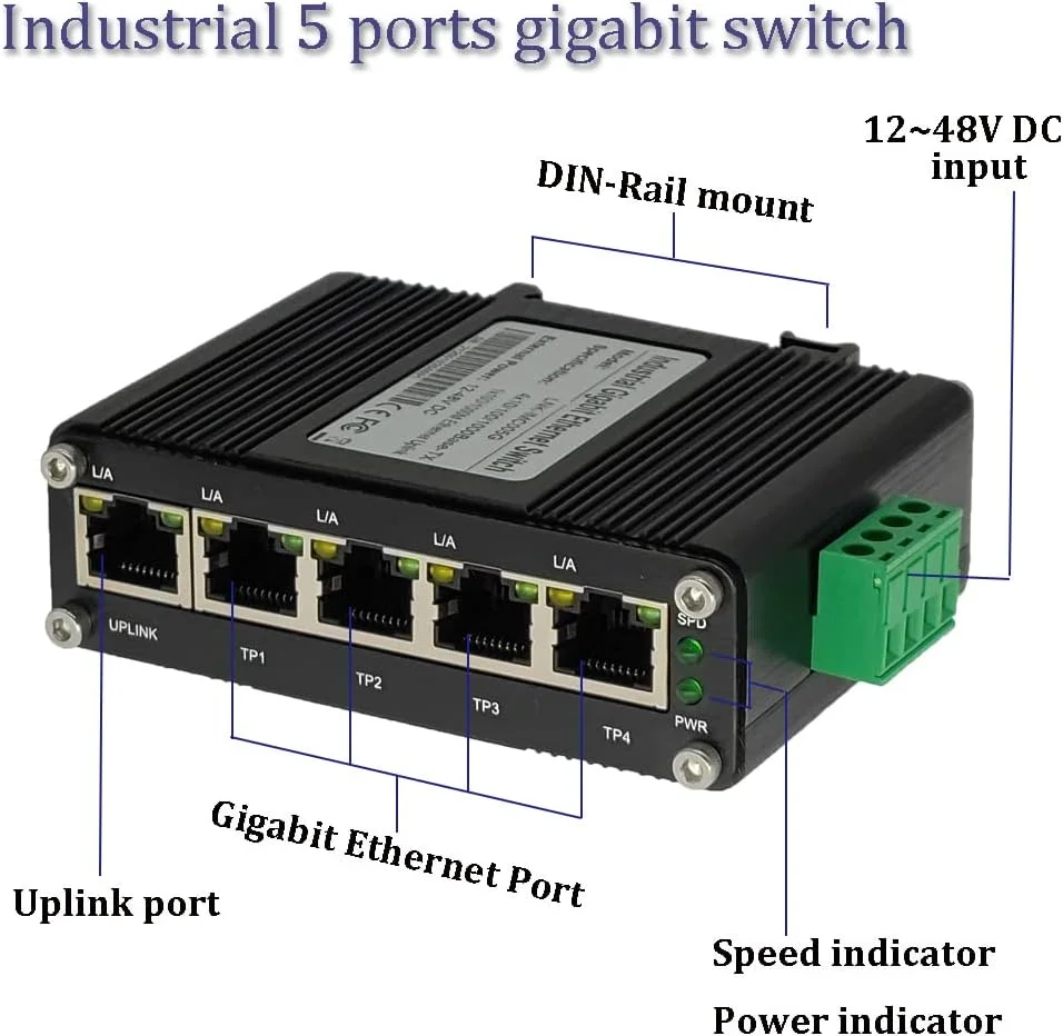 سوئیچ صنعتی کوچک 5 پورت گیگابیتی Centopto، سوئیچ اترنت سخت‌کاری شده 5 پورت RJ45 10/100/1000 مگابیت بر ثانیه، نصب روی ریل DIN، شامل پایه های دیواری (40- تا 167 درجه فارنهایت)، ظرفیت سوئیچینگ 10 گیگابیت بر ثانیه