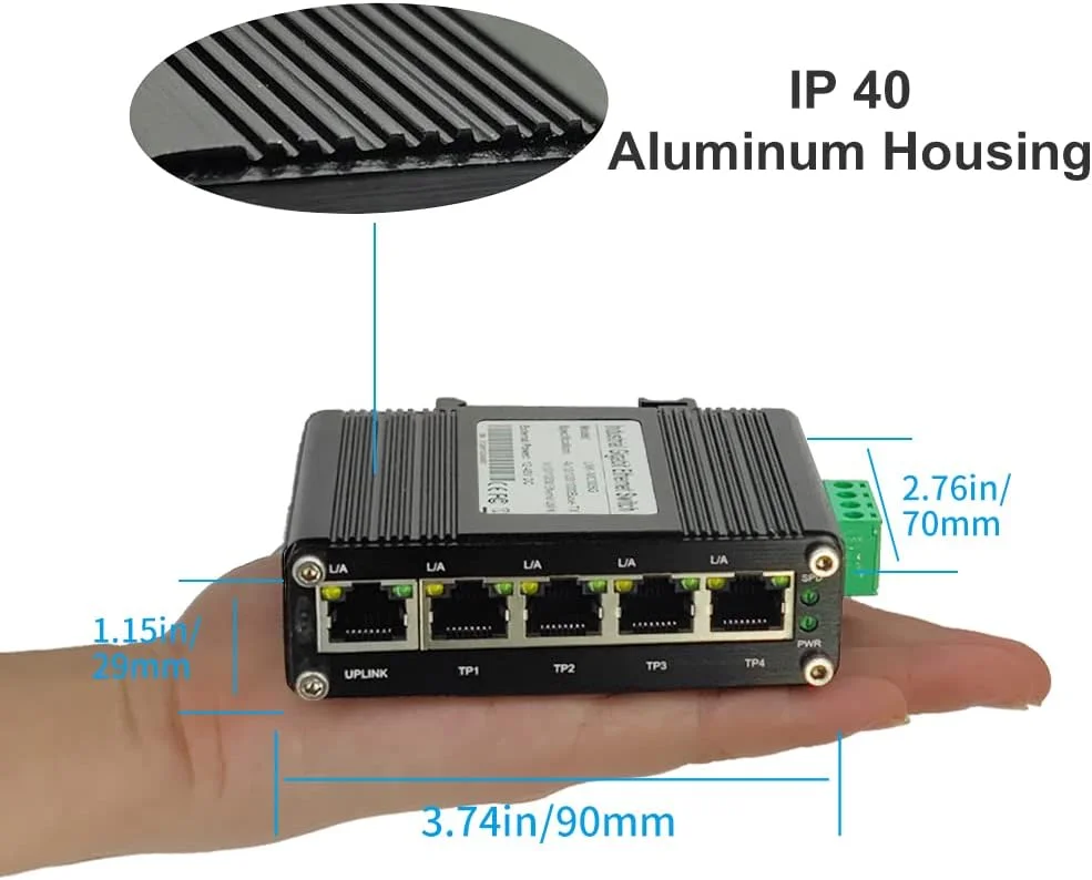 سوئیچ صنعتی کوچک 5 پورت گیگابیتی Centopto، سوئیچ اترنت سخت‌کاری شده 5 پورت RJ45 10/100/1000 مگابیت بر ثانیه، نصب روی ریل DIN، شامل پایه های دیواری (40- تا 167 درجه فارنهایت)، ظرفیت سوئیچینگ 10 گیگابیت بر ثانیه