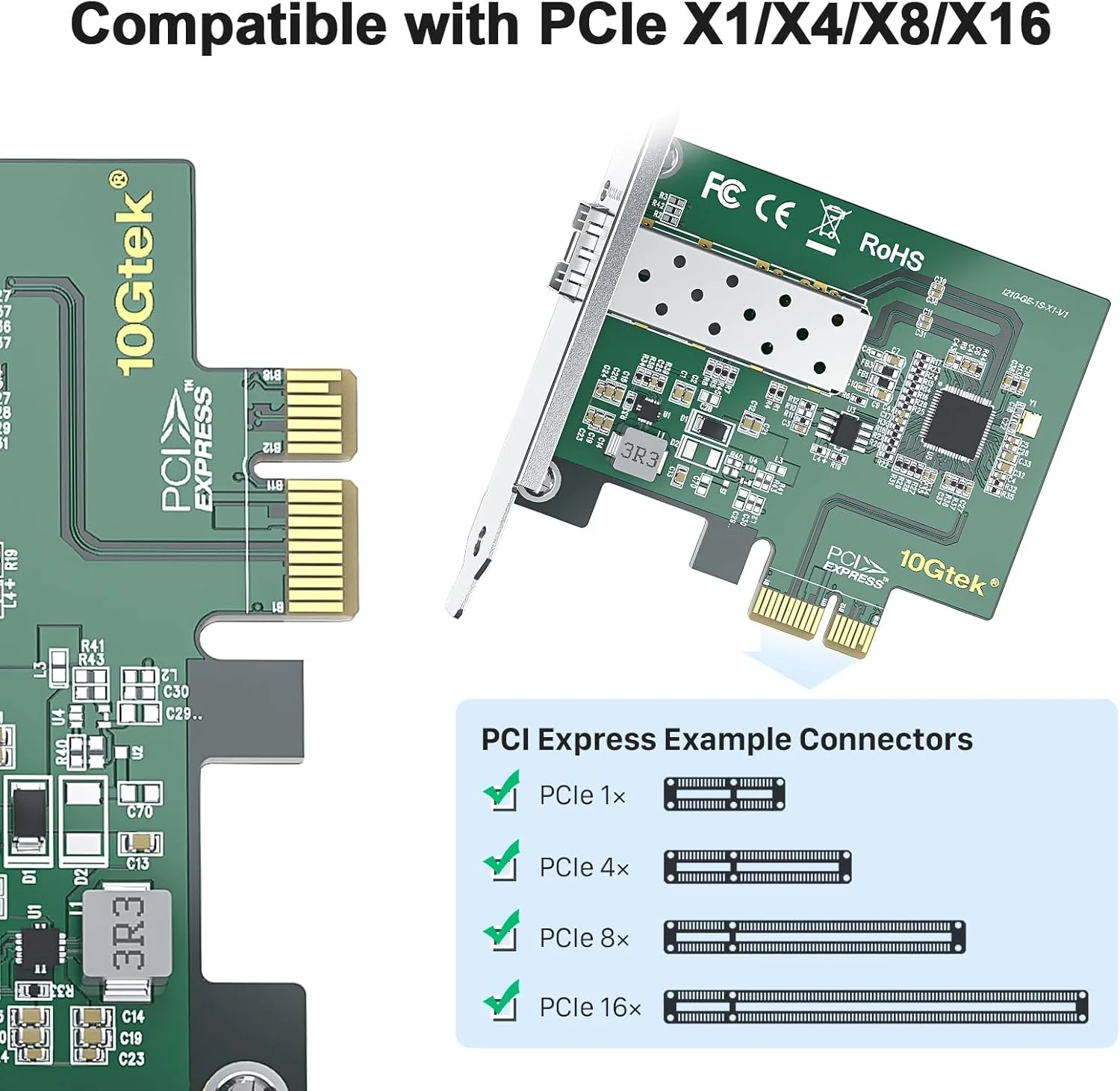 کارت شبکه گیگابیتی 10/100/1000Mbps 10Gtek با تراشه Intel I210AS | آداپتور شبکه PCI Express اترنت | تک پورت SFP | PCI Express 2.1 X1