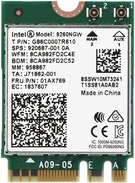 کارت وای فای بی سیم 9260NGW NGFF اینتل با سرعت 1730 مگابیت بر ثانیه، دو بانده 2.4G + 5G 802.11ac WiFi بلوتوث 5.0، پشتیبانی از سیستم عامل لینوکس/کروم/ویندوز 10