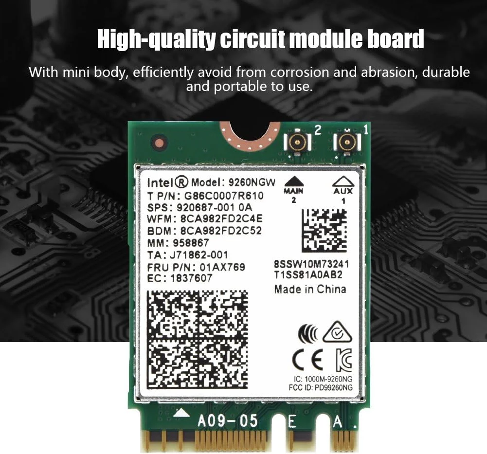 کارت وای فای بی سیم 9260NGW NGFF اینتل با سرعت 1730 مگابیت بر ثانیه، دو بانده 2.4G + 5G 802.11ac WiFi بلوتوث 5.0، پشتیبانی از سیستم عامل لینوکس/کروم/ویندوز 10
