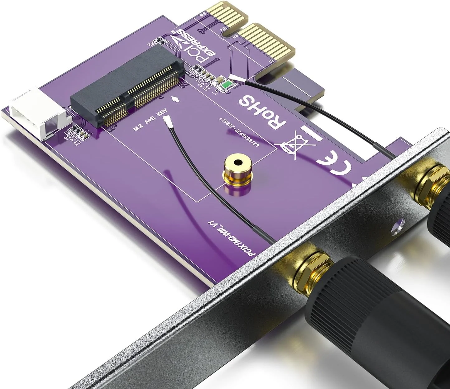 کارت آداپتور ماژول وایرلس و بلوتوث PCIE X1 به M.2/NGFF (کلید A+E) با آنتن 2X 5dBi دو بانده 2.4 و 5 گیگاهرتز