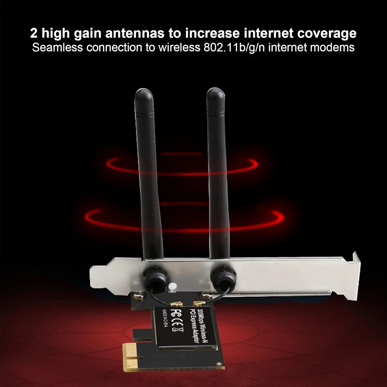 کارت شبکه وایرلس PCIe، کارت شبکه وایرلس 300 مگابیت بر ثانیه، آداپتور PCI Express وایرلس 802.11b/g/n برای کامپیوتر رومیزی، 2 آنتن تقویت کننده، تاخیر بسیار کم