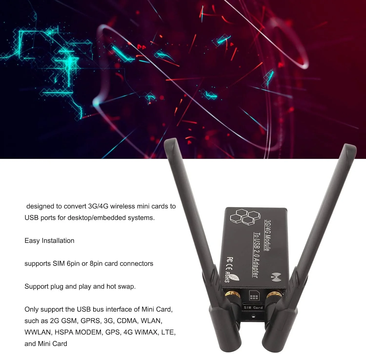 آداپتور Mini PCIe به Type C، آداپتور PCI E به USB 2.0 با کانکتور کارت 6 پین و 8 پین، ارتقاء ماژول WWAN/LTE برای کارت شبکه 3G 4G، نصب آسان، تعویض سریع