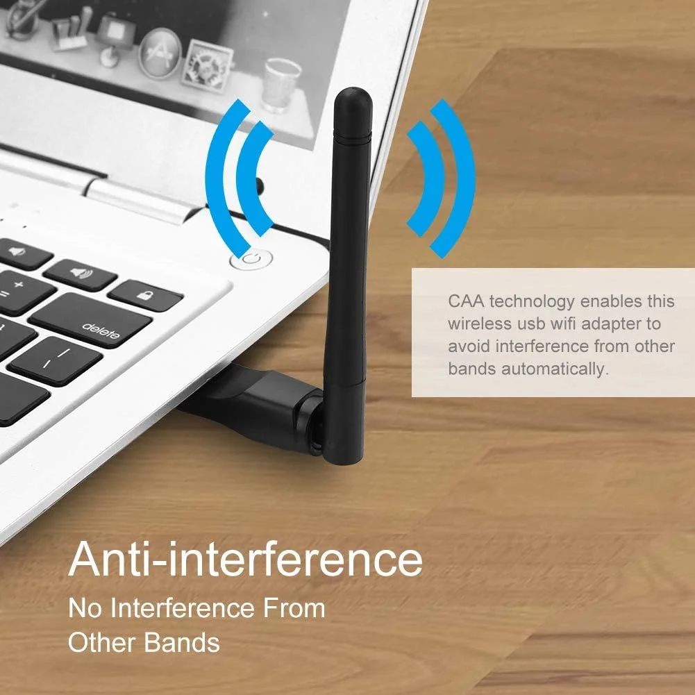 آداپتور وای فای USB، کارت وایرلس 150 مگابیت بر ثانیه باند 2.4 گیگاهرتز با آنتن 2dBi، کارت وایرلس رمزگذاری WEP