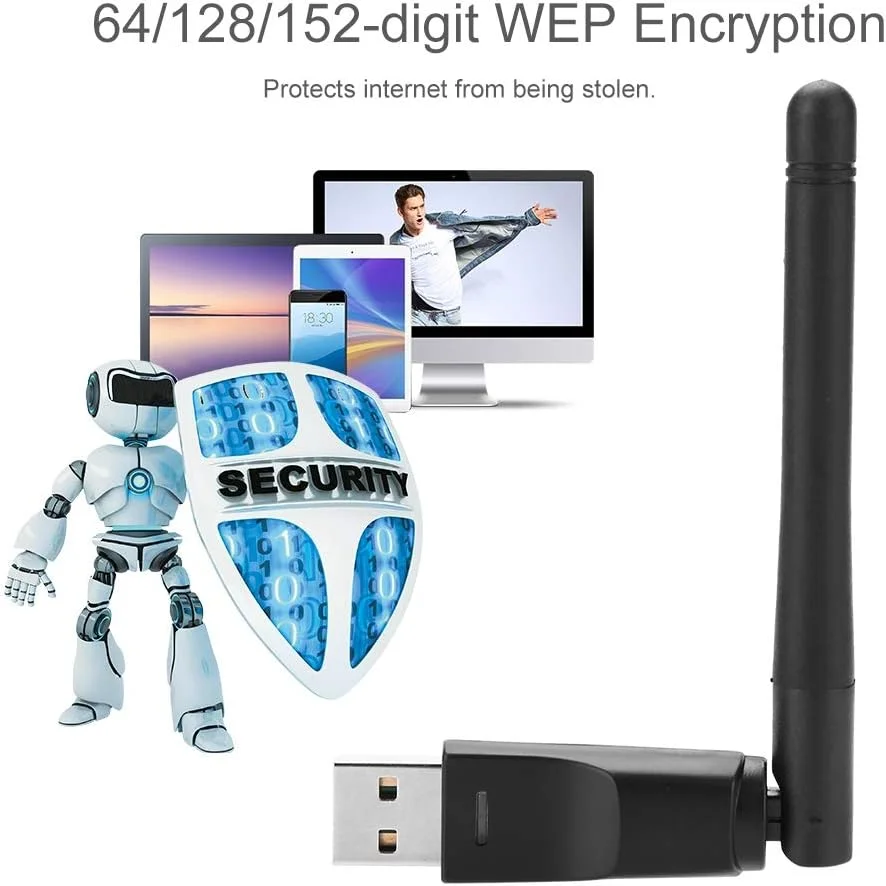 آداپتور وای فای USB، کارت وایرلس 150 مگابیت بر ثانیه باند 2.4 گیگاهرتز با آنتن 2dBi، کارت وایرلس رمزگذاری WEP