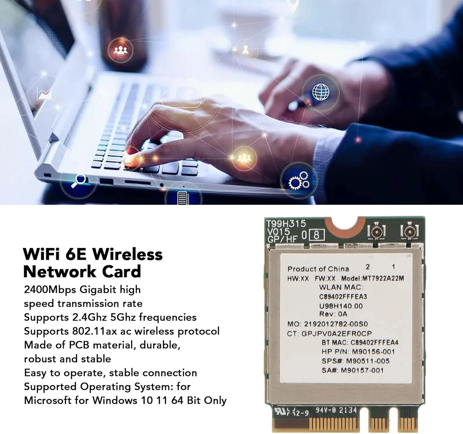 کارت شبکه بی سیم WiFi 6E مدل Asixxsix، سرعت بالا 2400 مگابیت بر ثانیه، دو بانده 2.4G 5G 802.11ax M.2 NGFF با بلوتوث 5.2، برای لپ تاپ PC، پشتیبانی از windowss 10 11 64bit