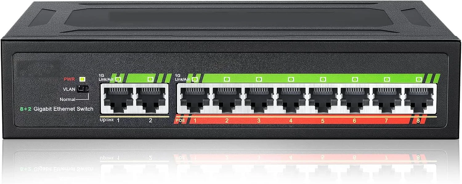 سوئیچ PoE، سوئیچ شبکه 10 پورت گیگابیتی اترنت (8 پورت PoE+ با 2 پورت آپلینک اضافی)، سازگار با استاندارد 802.3af/at