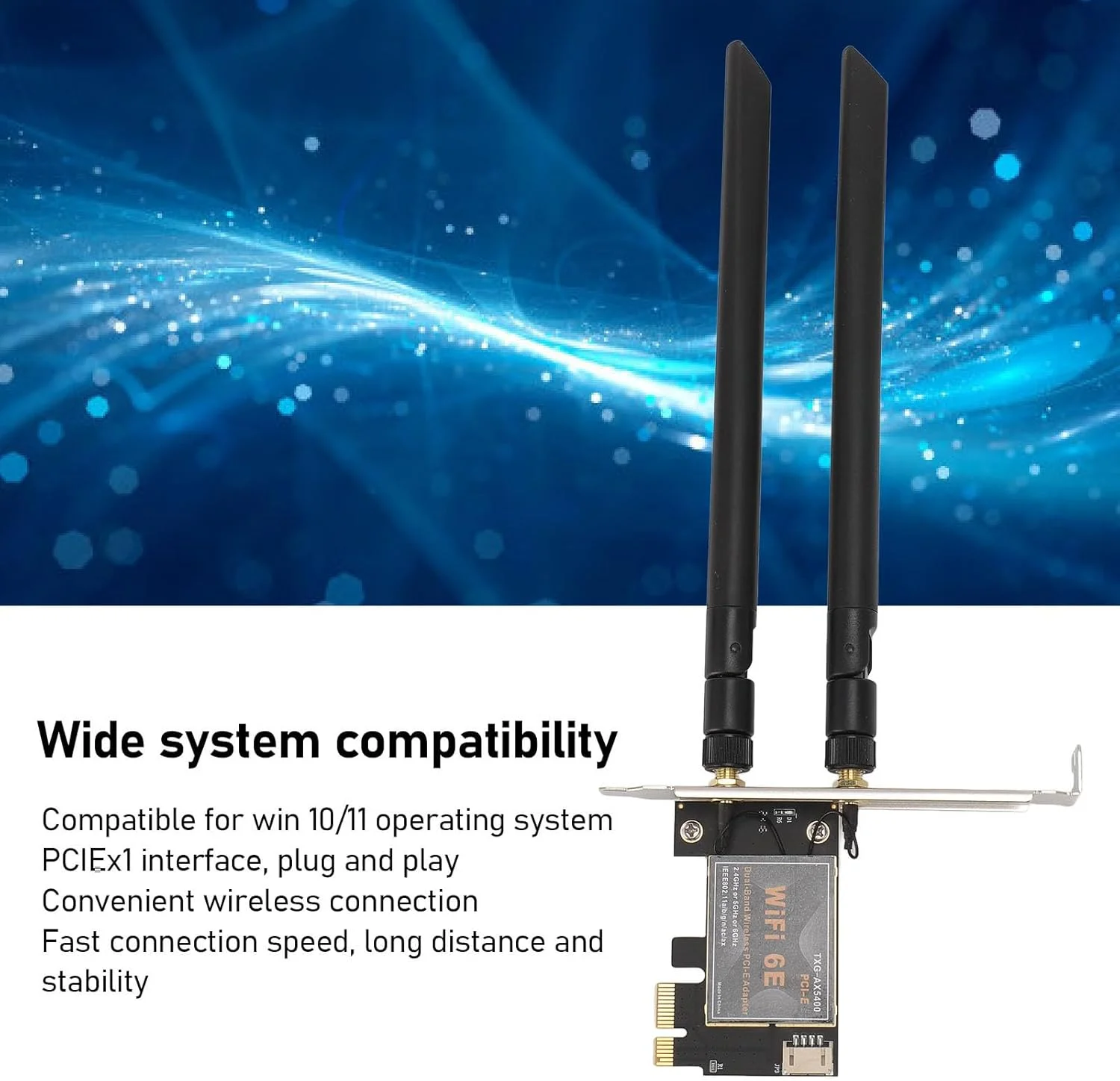 کارت شبکه وای فای 6E PCIe Bewinner، سرعت تا 2400 مگابیت بر ثانیه، بلوتوث 5.2، آداپتور بی سیم دو بانده با آنتن دوگانه 8DB، آداپتور شبکه بی سیم برای 10 و 11 (پایه)