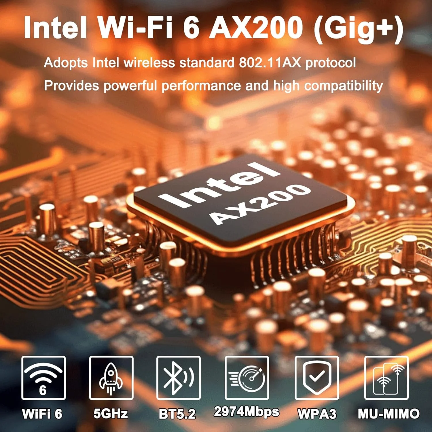 کارت شبکه وای‌فای 6 PCIe با بلوتوث 5.2، تراشه اینتل WiFi 6 AX200، سرعت 2974 مگابیت بر ثانیه، دو بانده (2.4 گیگاهرتز/5 گیگاهرتز)، کارت شبکه بی‌سیم با MU-MIMO، تاخیر بسیار کم، آداپتور وای‌فای برای ویندوز 11/10
