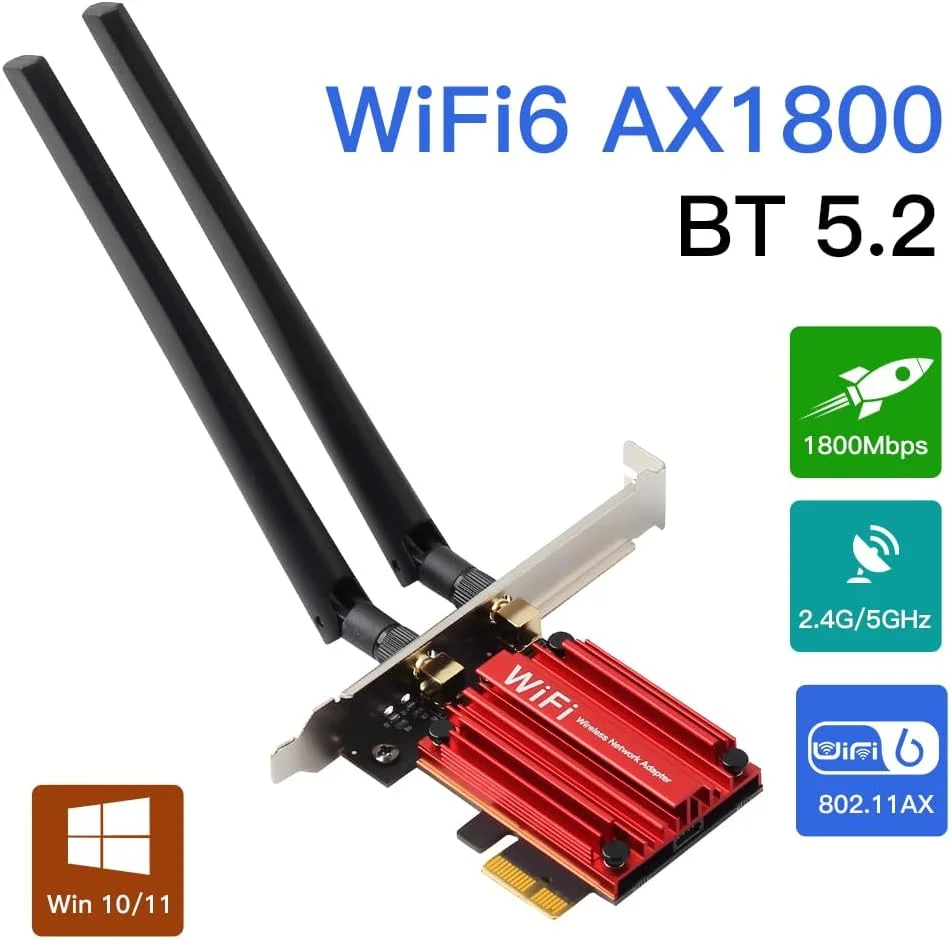 کارت شبکه وای‌فای 6 PCIe با بلوتوث 5.2 برای کامپیوترهای رومیزی، آداپتور بی‌سیم AX1800 دو بانده 2.4G/5G، آنتن با بهره بالا 6dBi، تأخیر کم برای بازی و استریم، ویندوز 10/11