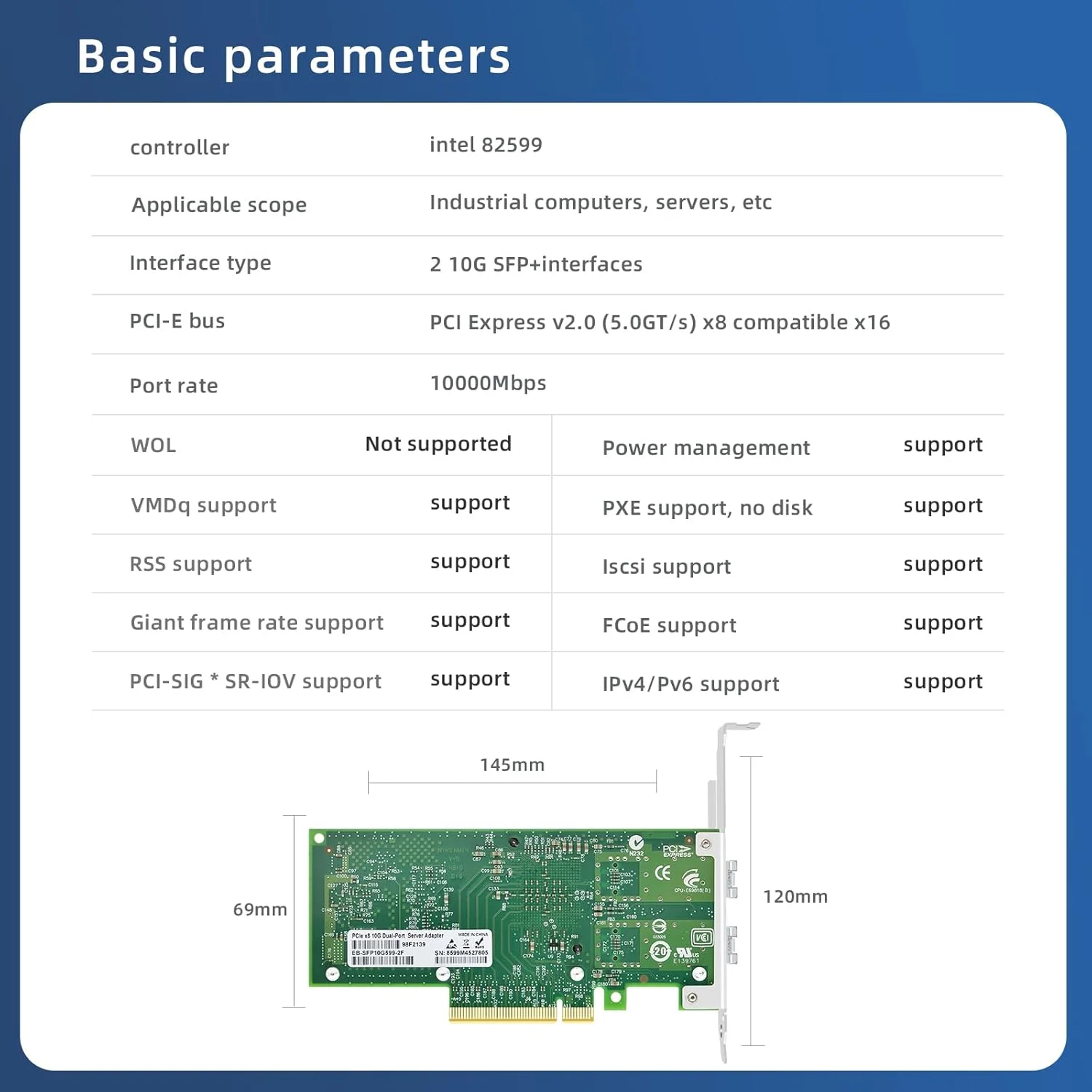 کارت شبکه فیبر نوری PCI-E X8 10G Dual SFP+ Port، X520-DA2 با تراشه Intel 82599، آداپتور اترنت سرور E10G42BF، پشتیبانی از Windows Server/Linux/VMware