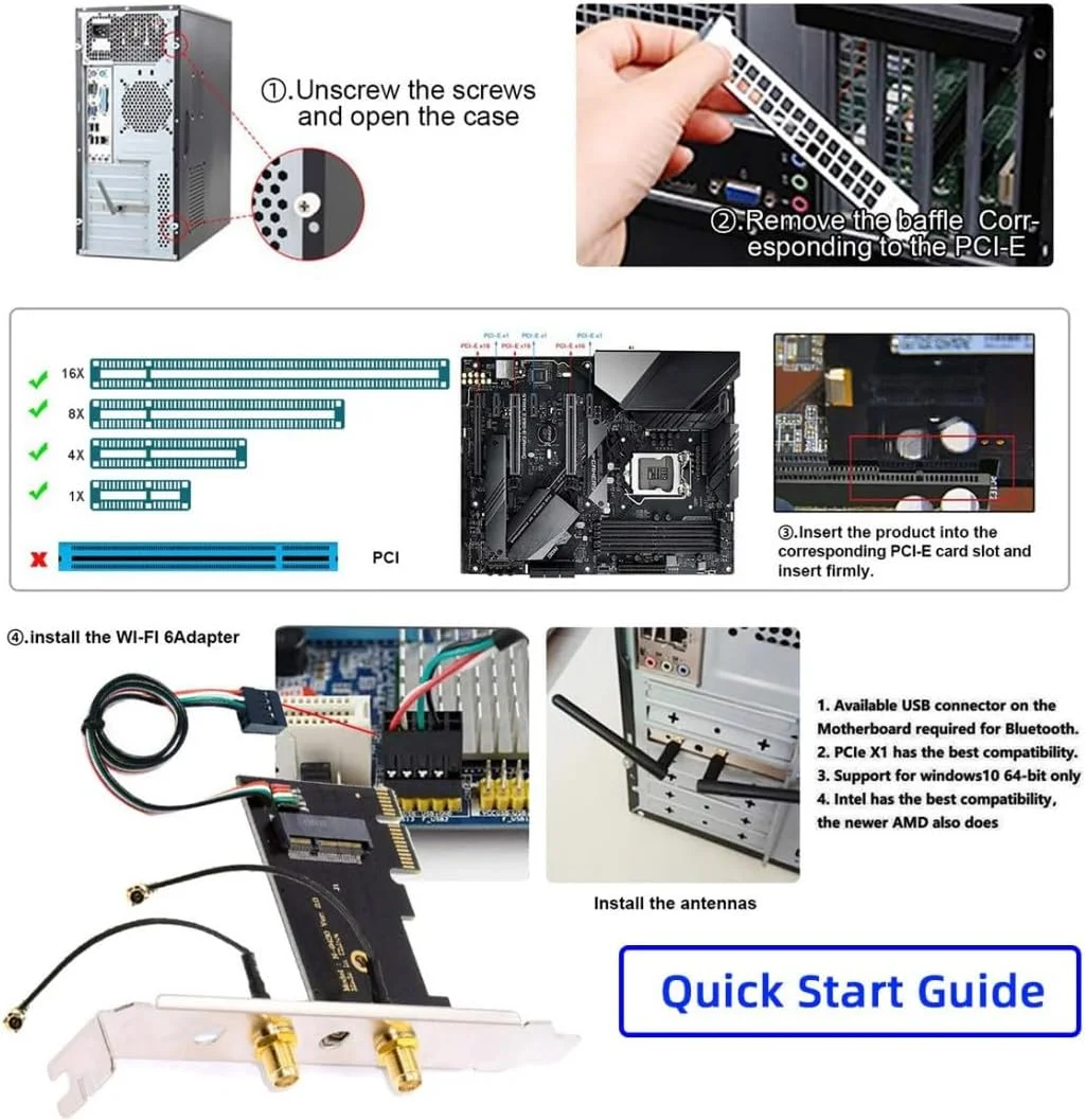 آداپتور کارت توسعه PCI Express ChenYang PCI-E X1 به NGFF A+E/E-Key برای کارت شبکه بی‌سیم با آنتن دوتایی برای Wifi5 Wifi6 Wifi6E، بلوتوث 5.3 (پورت USB)، پشتیبانی از ویندوز 11/10
