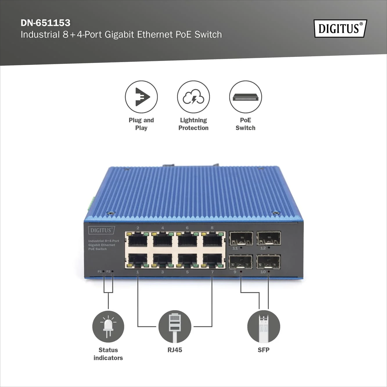 سوئیچ صنعتی 8+4 پورت گیگابیتی اترنت PoE دیجی توس