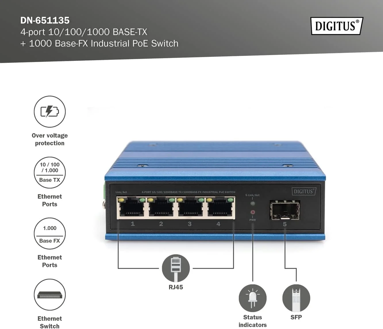 سوئیچ صنعتی 5 پورت گیگابیتی PoE اترنت DIGITUS، دستگاه شبکه کامپیوتر - غیر مدیریتی - 4 پورت RJ45 + 1 پورت SFP - 10/100/1000 مگابیت بر ثانیه - نصب روی ریل DIN - درجه حفاظت IP40 - آبی/مشکی