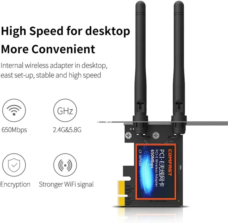 کارت شبکه بی سیم دسکتاپ PCI-E با سرعت 650 مگابیت بر ثانیه، آداپتور شبکه بی سیم PCIE Express WiFi LAN Card با فرکانس 2.4G/5.8GHz برای ویندوز 7/8/10
