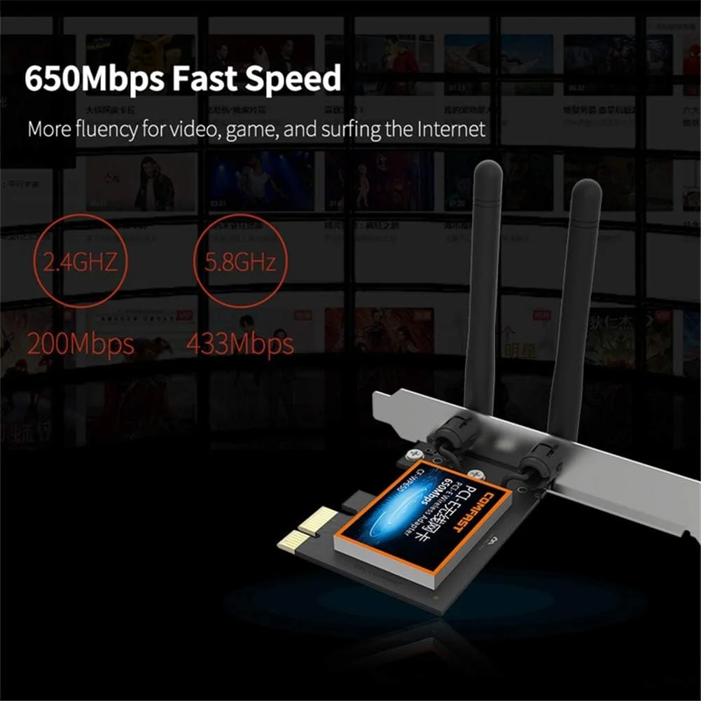 کارت شبکه بی سیم دسکتاپ PCI-E با سرعت 650 مگابیت بر ثانیه، آداپتور شبکه بی سیم PCIE Express WiFi LAN Card با فرکانس 2.4G/5.8GHz برای ویندوز 7/8/10