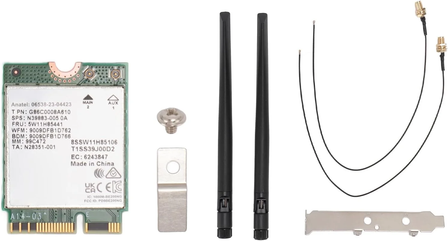 کارت وای فای 7 Cryfokt برای 10 11، BE200 NGW، BT 5.4، 5800Mbps M.2/NGFF، عدم پشتیبانی ایده آل برای روتر WiFi7/WiFi6E/WiFi6/WiFi5 و AP بی سیم (کارت WiFi 7 با آنتن و براکت) کارت وای فای 7 Cryfokt برای 10 11، BE200 NGW، BT 5.4، 5800Mbps M.2/NGFF، عدم پشتیبانی ایده آل برای روتر WiFi7/WiFi6E/WiFi6/WiFi5 و AP بی سیم (کارت WiFi 7 با آنتن و براکت)