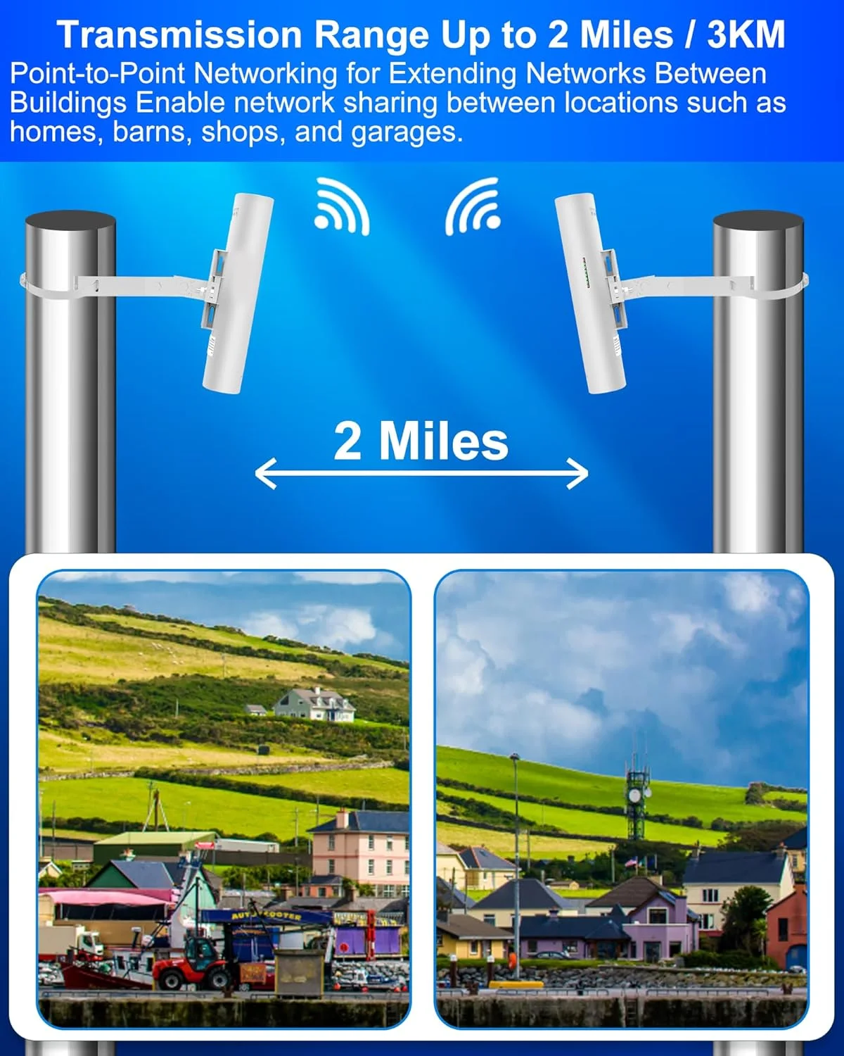 پل بی‌سیم، نقطه به نقطه بیرونی 5.8G، دسترسی PTMP WiFi PTP شبکه 300 مگابیت در ثانیه CPE، فاصله انتقال 3 کیلومتر، آنتن با بهره بالا 12DBi، منبع تغذیه 24 ولت PoE، بسته 2 عددی