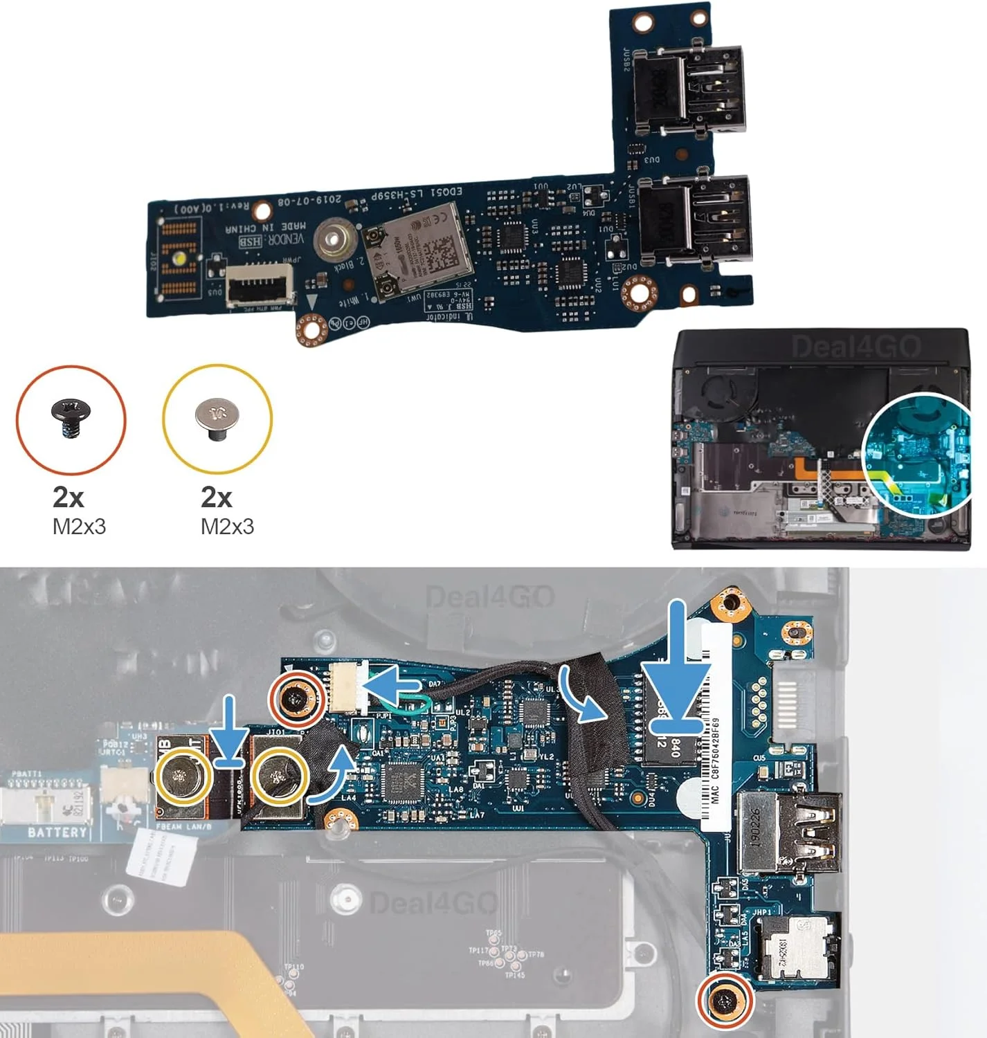 برد پورت USB، کارت شبکه وای فای، مدل P2RHV A197V1 LS-H359P جایگزین برای Dell Alienware M15 R2