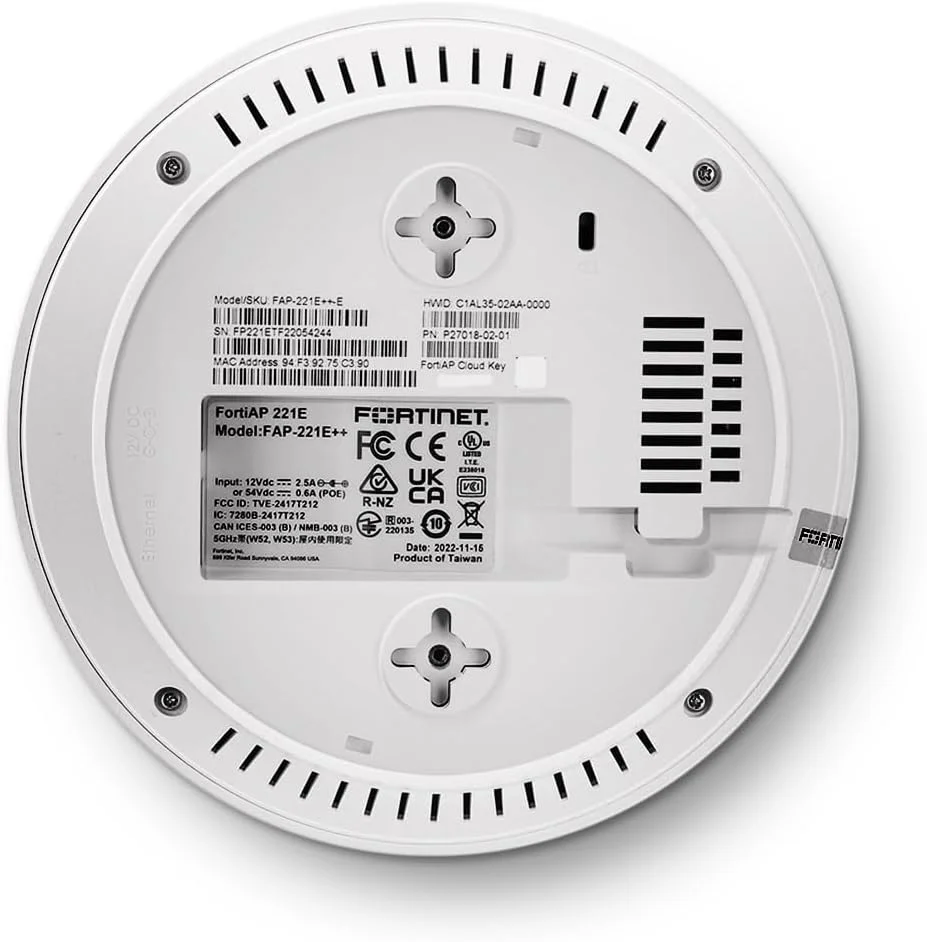 Fortinet | FAP-221E-A | FortiAP-221E اکسس پوینت وایرلس داخلی Wave 2 - رادیو دوگانه (802.11 a/b/g/n و 802.11 a/n/ac, 2x2 MU-MIMO)، 1 پورت GE RJ45، شامل کیت نصب سقفی/دیواری. 4 آنتن داخلی
