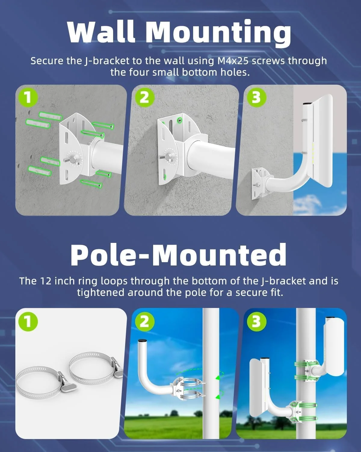 پایه نگهدارنده پل بی‌سیم جهانی، بسته 4 عددی پایه‌های میله‌ای J، پایه قابل تنظیم 180 درجه‌ای برای نصب روی میله و دیوار برای آنتن بیرونی، پایه میله‌ای بیرونی برای نقطه دسترسی AP و CPE