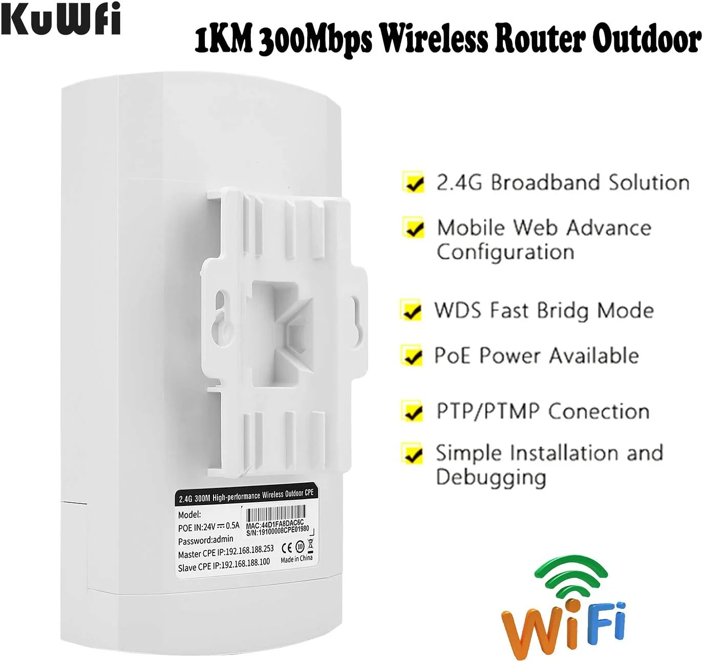 KuWFi Outdoor Wireless Bridge, 2.4G 300Mbps WiFi Access Point Support 1KM Long Range WiFi Extender with 12dBi MIMO High-Gain Antenna for CCTV/Camera