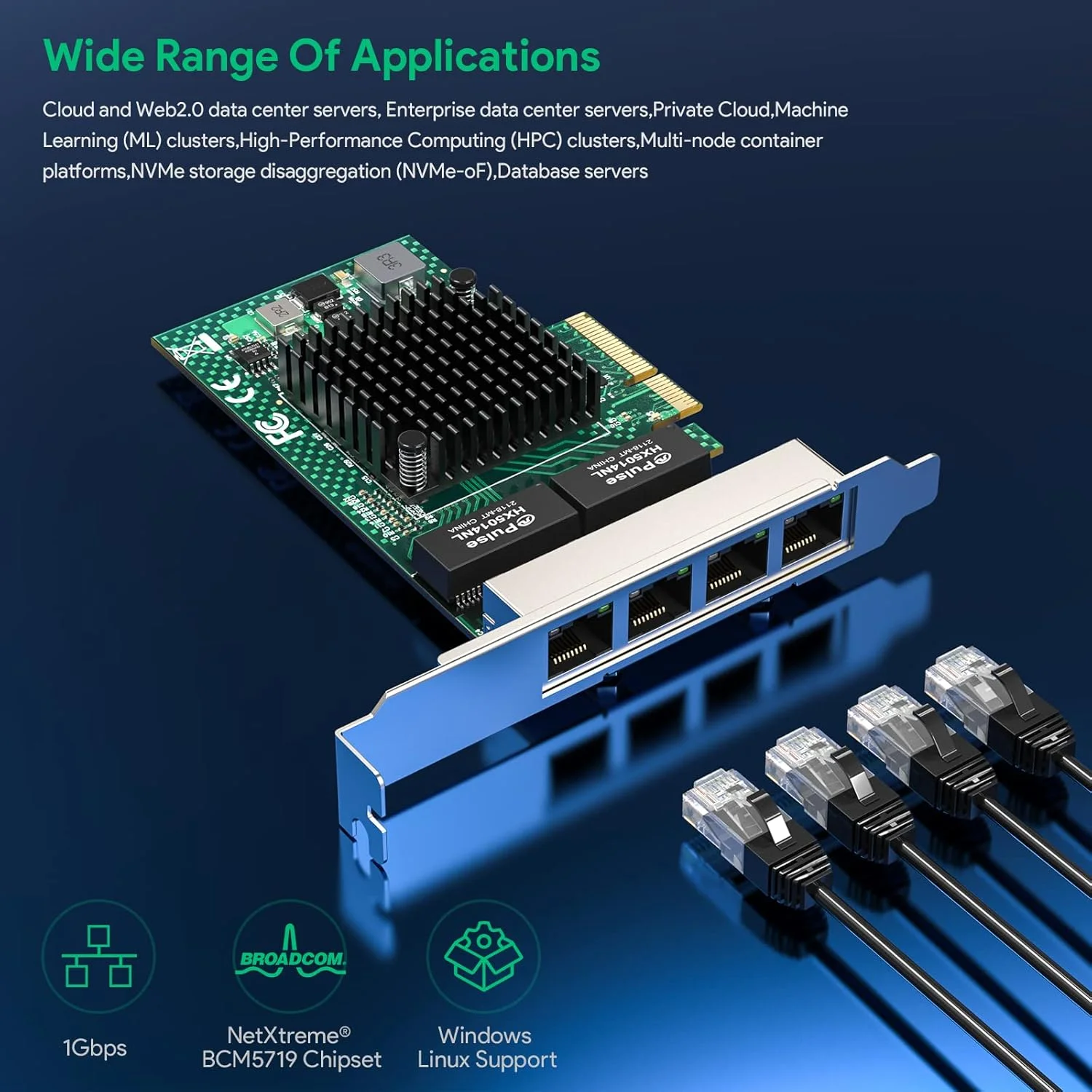 آداپتور سرور اترنت گیگابیتی چهار پورت EDUP NetXtreme BCM5719 RJ45، کارت شبکه چهار پورت PCI Express 1000M NIC با پروفایل کوتاه برای Windows Server/Linux/Ubuntu/VMware