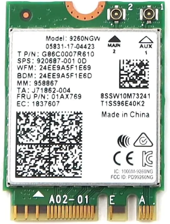 کارت شبکه بی‌سیم مدل G86C0007R610، قطعه جایگزین سازگار برای Intel Wireless-AC 9260 9260NGW M.2 2230 1.73Gbps PCI-Express USB WiFi 5 802.11ac Bluetooth 5.1