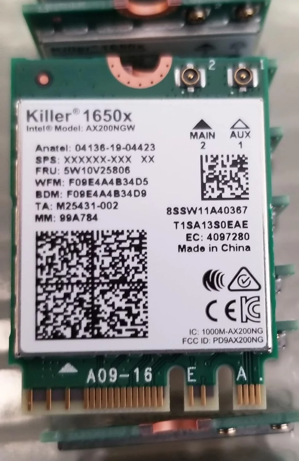کارت وای فای اینتل Killer Wi-Fi 6 AX1650x AX200 M.2 2230 بلوتوث 5.2 (تک بسته)