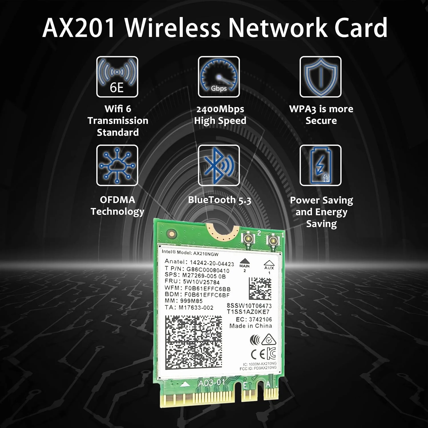 کارت شبکه بی‌سیم LIAN MO مدل Intel AX210 Wi-Fi 6E برای لپ‌تاپ، پشتیبانی از باند 6 گیگاهرتز، بلوتوث 5.2، 2x2 آنتن، سرعت بی‌سیم تا 3000 مگابیت بر ثانیه، سیستم عامل Windows 10/11 (64 بیتی)