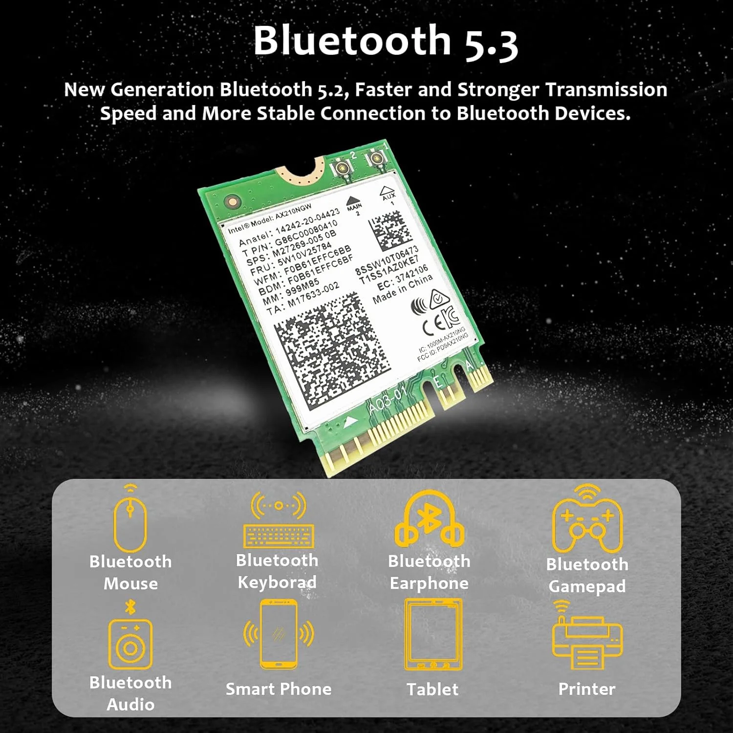 کارت شبکه بی‌سیم LIAN MO مدل Intel AX210 Wi-Fi 6E برای لپ‌تاپ، پشتیبانی از باند 6 گیگاهرتز، بلوتوث 5.2، 2x2 آنتن، سرعت بی‌سیم تا 3000 مگابیت بر ثانیه، سیستم عامل Windows 10/11 (64 بیتی)