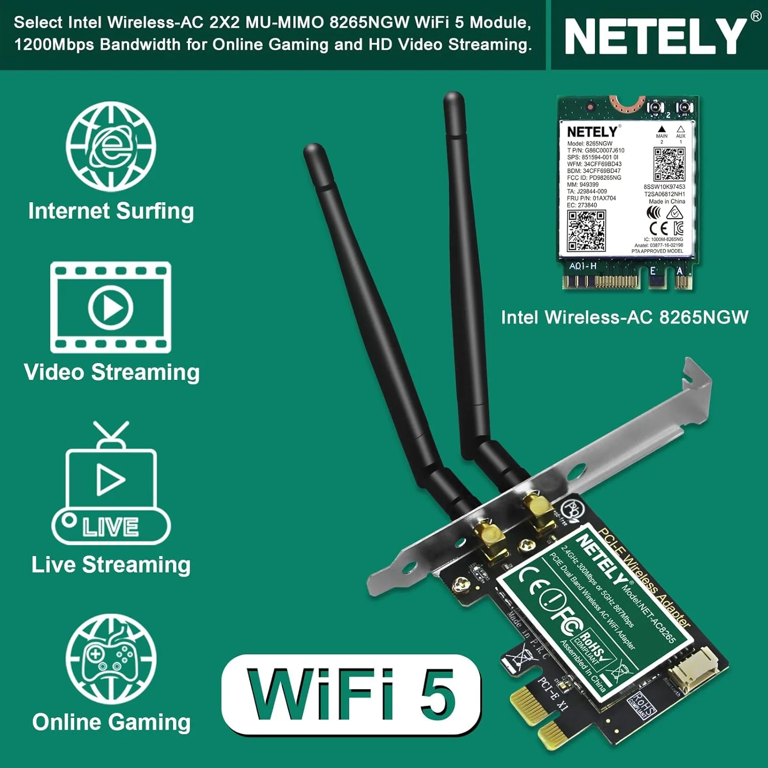 آداپتور وای فای 6 AX200 NGW PCIE NETELY با بلوتوث برای ویندوز 10 64 بیتی، هسته لینوکس 5.1+ و رایانه های رومیزی سیستم عامل Chrome - 2.4 گیگاهرتز 574 مگابیت بر ثانیه و 5 گیگاهرتز (160 مگاهرتز) 2400 مگابیت بر ثانیه با بلوتوث 5.0 (AX200NGW)