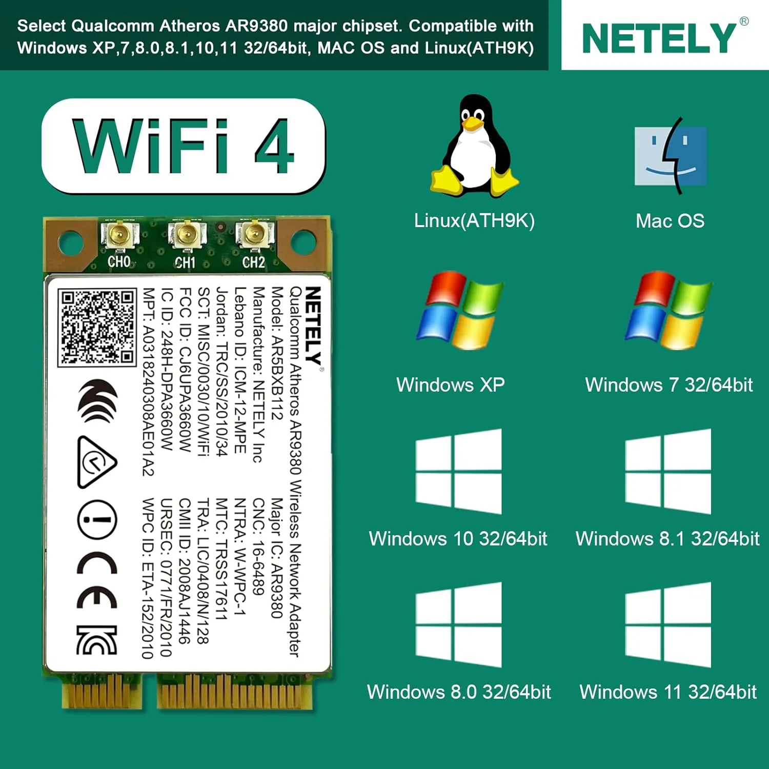 آداپتور وای فای دو بانده 900 مگابیت بر ثانیه NETELY 802.11N Mini-PCIE برای کامپیوترهای لپ تاپ و کامپیوترهای رومیزی، 450 مگابیت بر ثانیه در 2.4 گیگاهرتز و 450 مگابیت بر ثانیه در 5 گیگاهرتز، آداپتور شبکه بی سیم Qualcomm Atheros AR9380 (AR9380)