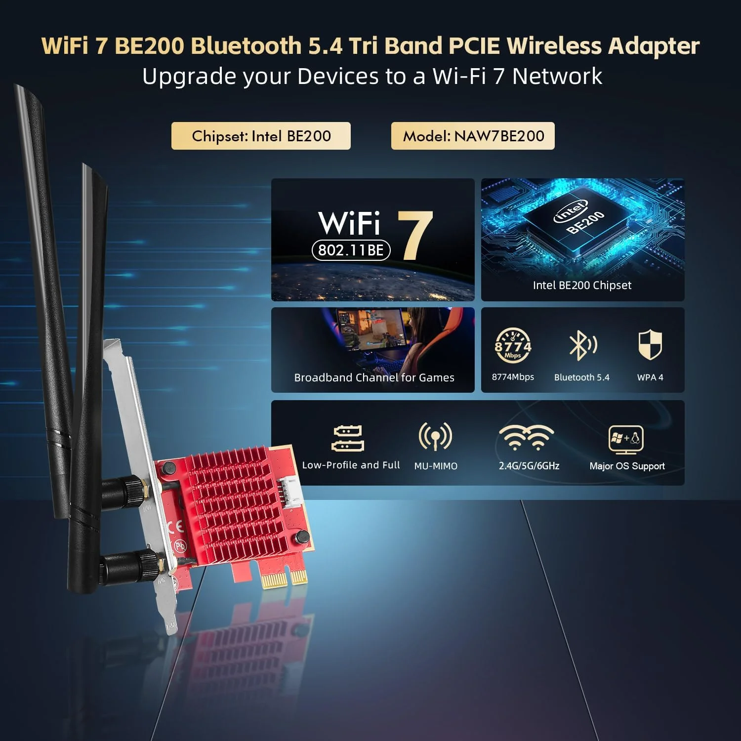 کارت شبکه وای‌فای 7 BE200 PCIe، آداپتور شبکه وای‌فای، تراشه Intel BE200NGW بلوتوث 5.4، سرعت 8774 مگابیت بر ثانیه، سه بانده 2.4 گیگاهرتز/5 گیگاهرتز/6 گیگاهرتز OFDMA و MU-MIMO، برای ویندوز 10/11